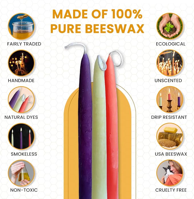 100% Pure Beeswax Taper Candles - All-Natural Handmade Decorative & Dipped Smokeless Unscented Candles for Christmas, Advent, and Hanukkah, Advent Set, 8.5 Inches, 5 Candle Set, by BeeTheLight