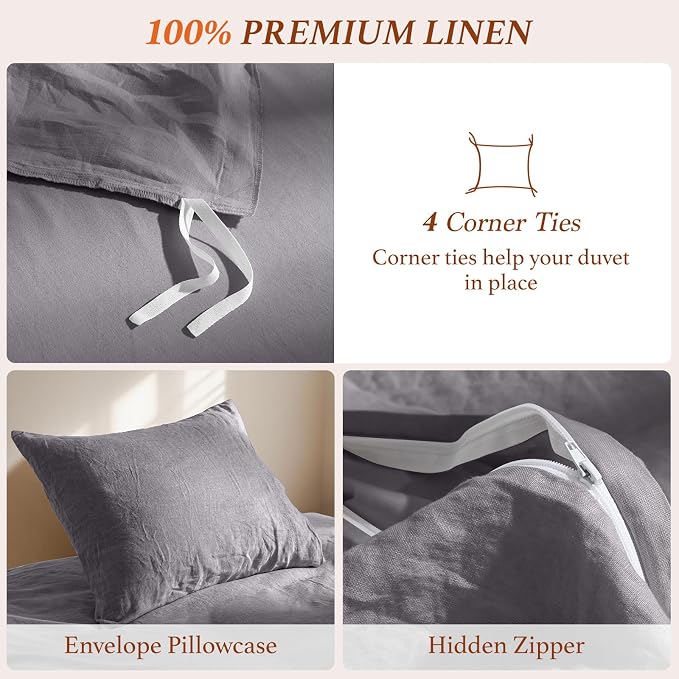 100% Pure Linen Duvet Cover Set Queen Size 3 Pcs Natural Linen Bedding Zipper Closure Breathable Soft Comforter Cover Sets, Cozy for All Season (Queen, Dark Gray)
