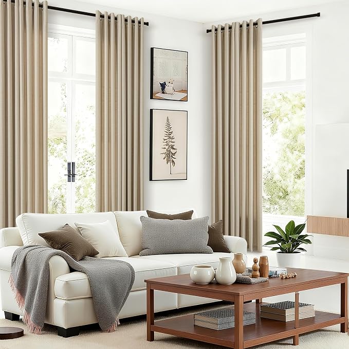 Oatmeal 92 Inch Long Curtains for Living Room Dining Semi Sheer Privacy Grommet Flax Burlap Linen Drapes Elegant Boho Farmhouse Bay Window Curtains 92 Inches Long 2 Panels Set Moss Green 52x92