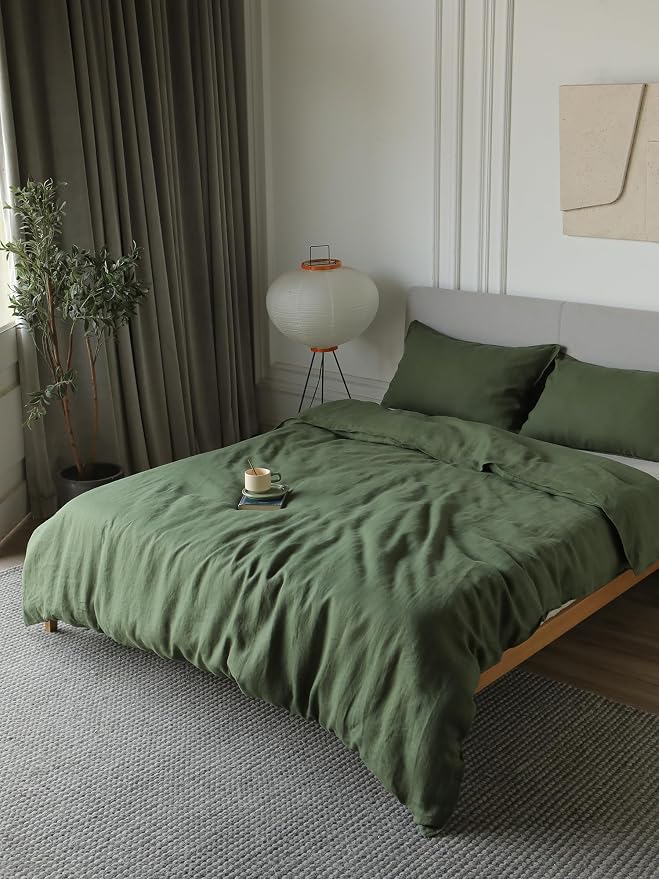 XZ XIFA Green Linen Duvet Cover King, 100% Washed French Flax Linen Bedding with Zipper Closure, Cooling for Hot Sleepers, Textured Bed Sets - 1 Duvet Cover and 2 Pillowcases
