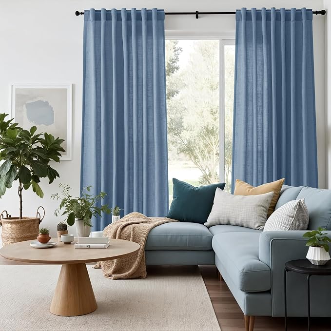 Extra Long Curtains 102 Inches for Living Room/Bedroom Stone Blue Back Tab Rod Pocket Light Filtering Semi Sheer Drapes Cotton Linen Textured Window Curtain 102 Inch for Bedroom 9 FT,2 Panels
