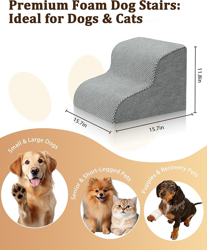 Dog Stairs for Couch & Sofa, 11.8"H 2 Step Low Height Pet Steps for Small Dogs & Cats, Non-Slip Dog Steps for Chair and Low Bed, Easy Climb Lightweight Indoor Pet Stairs with Washable Cover