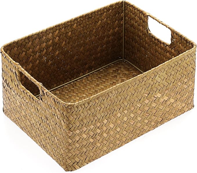 Hipiwe Seagrass Storage Basket Bin Rectangular Handwoven Wicker Storage Box with Handle Opened Baskets Box for Shelf Organizing Closet Bathroom, Caramel, Medium