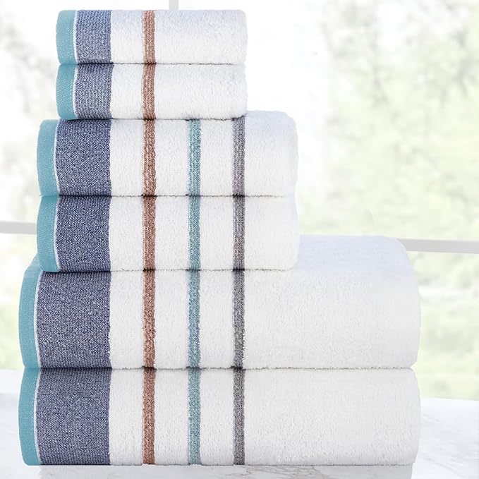 CASA COPENHAGEN White Bay 6Pcs 100% Egyptian Cotton Large Designer Towels Gift Set- Grey - Denim, 600GSM, 2Bath 2Hand 2Washcloths, Bath Towels for Bathroom Set for Women & Men