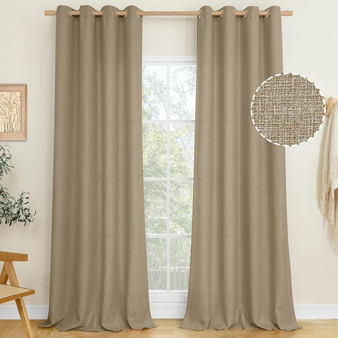 LAMIT Tan Brown Linen Curtains for Bedroom, 90 inches Grommet Thermal Insulated Thick Farmhouse Curtains Noise Reducing Window Treatment Burlap Drapes for Living Room, Set of 2 Panels, W52 x L90