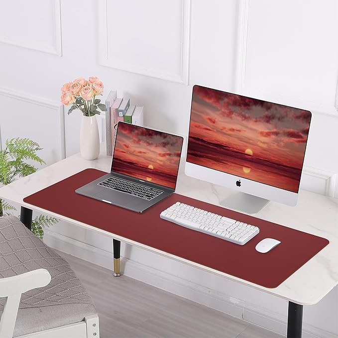 AFIING Leather Desk Pad Protector, Large Desk Mat with Natural Cork & PU Leather, Mouse Pad, Non-Slip, Waterproof Desk Writing Pad for Office and Home, Red