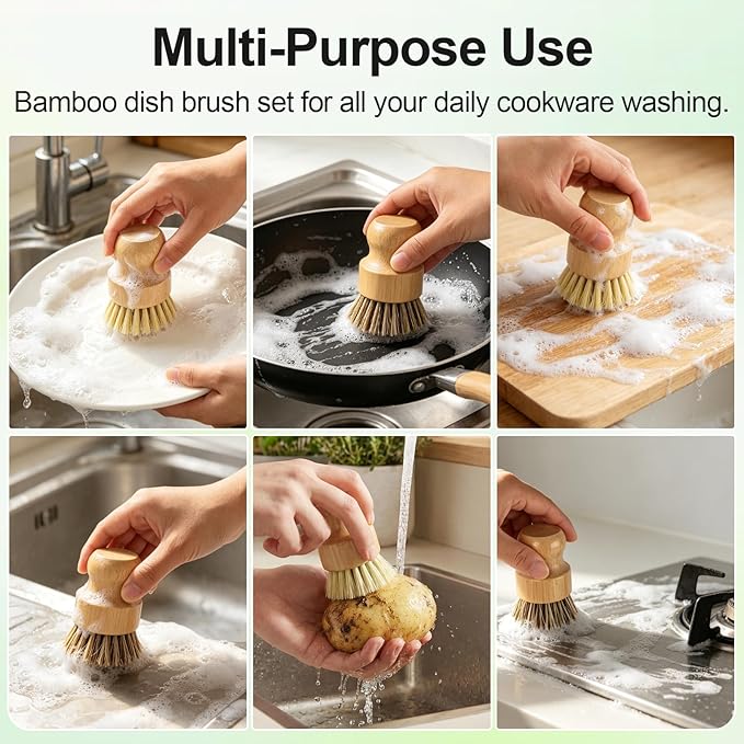 Bamboo Dish Brush Set with Holder, 2 Sisal Dish Brushes & 1 Palm Scrub Brush, Natural Kitchen Scrub Brush for Dishes, Pots, Pans, Sink