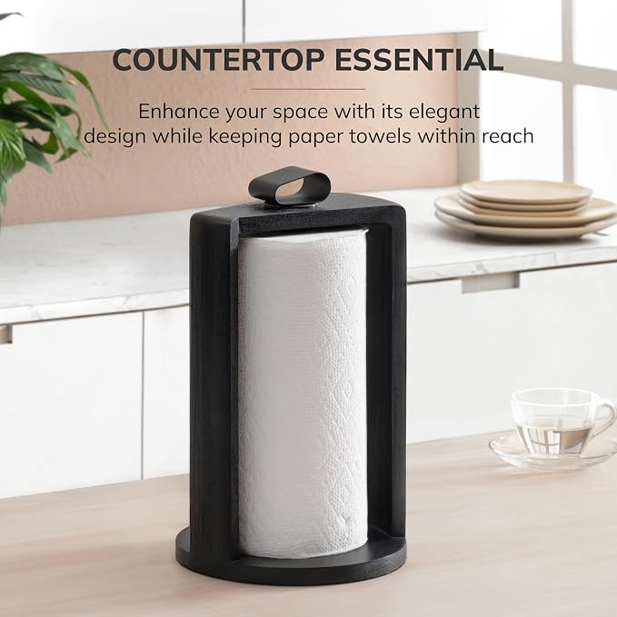 Anji Mountain Wooden Paper Towel Holder with Iron Holder, Holder Stand for Kitchen Roll Organizer & Kitchen Dining Table Home Décor, Countertop Fits Jumbo & Mega Rolls - Black/Black, Top Load