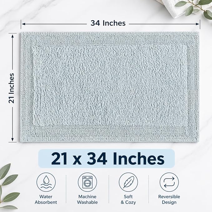 Bedding Craft Cotton Bath Mat Rug 21x34, Reversible Bathroom Rug, Water Absorbent, Machine Washable, Soft Cloth Bathmat for Outside Bathtub, Silver Grey