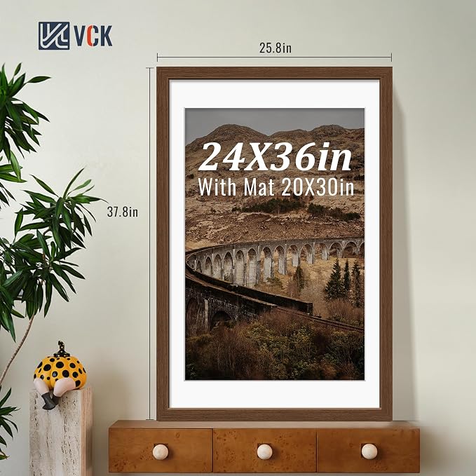 VCK 24x36 Picture Frames Brown 3 Pack, Wide Border Wood, Display 20x30 Photo with Mat or 24 x 36 without, for Home, Office, Gallery, Woodgrain Series, Wall Hanging