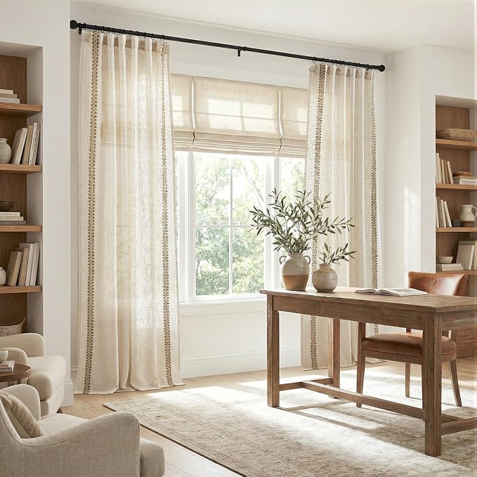 jinchan Beige Linen Blend Curtains with Woven Trim Boho Curtains 108 Inches Extra Long 2 Panels Living Room Bedroom Light Filtering 50 Inches Wide Rustic Farmhouse Drapes Rod Pocket Back Tab Ecru