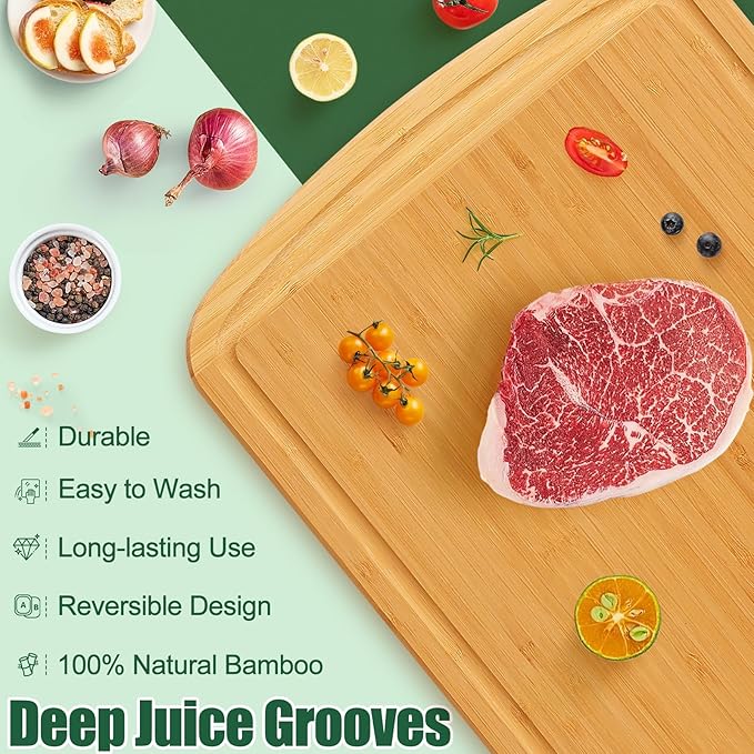 Homaxy Large Bamboo Cutting Boards for Kitchen,14.5x11.5" Wood L Cutting Board with Juice Groove, Wooden Butcher Block Chopping Board for Kitchen, Meat, Fruit & Vegetables - Pre Oiled, Two-Tone