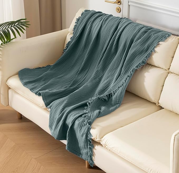 KyraHome 100% Cotton Throw Blankets for Couch, 60"x80" Pre-Washed Plant-Dyed Breathable Lightweight Gauze Soft Muslin Throw Blankets for Adults, All Season (Slate Blue)