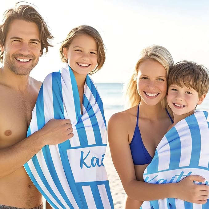 JML Personalized Beach Towel with Name, Custom Cabana Stripe Beach Towel, Customized Microfiber Pool Towel, Quick Dry & Absorbent Swim Towel for Adult,Mother's Day, Birthday, Summer Holiday,Vacation
