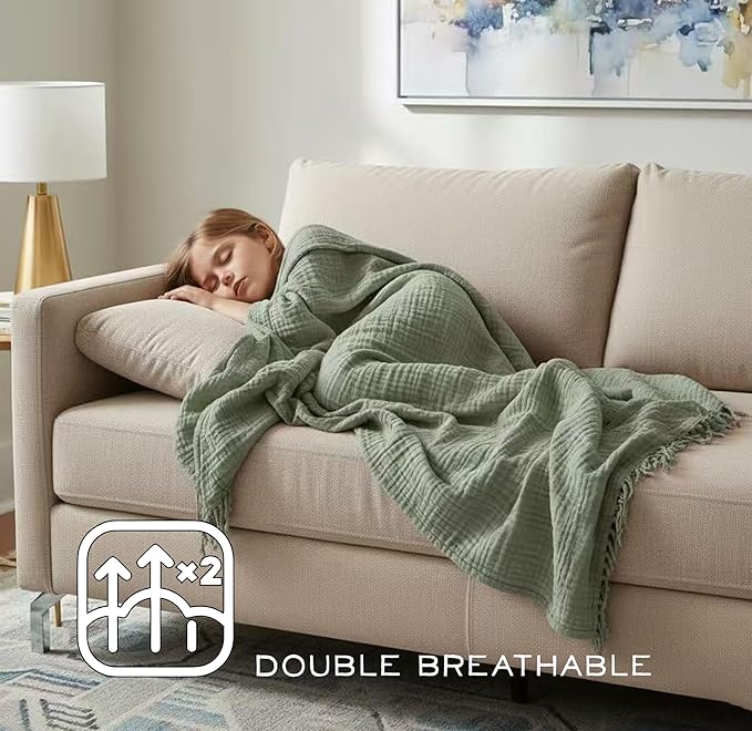 KyraHome Muslin Blankets for Adults, Bed, Couch, 90" x104“ King,100% Organic Cotton Pre-Washed, Breathable Lightweight Gauze Bed Blankets, Bedspread, All Season, Sage Green