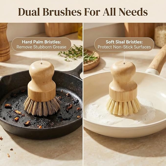 Bamboo Dish Brush Set – Natural Bamboo Brush with Sisal & Palm Bristles for Non-Stick Cookware, Pots, Vegetables, and Kitchen Cleaning - Eco-Friendly Vegetable Brush（2PCS）