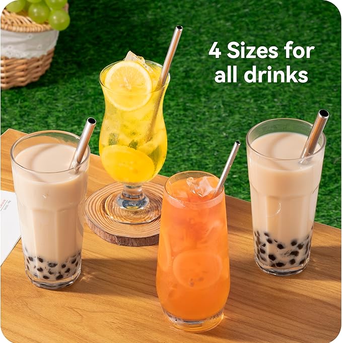 4-Pack Stainless Steel Straw Set - 215mm (8.5") Length, 6/8/10/12mm (0.24"/0.31"/0.39"/0.5") Diameters - Fits Coffee, Smoothies & All Cup Sizes - Reusable & Dishwasher Safe(Beige)