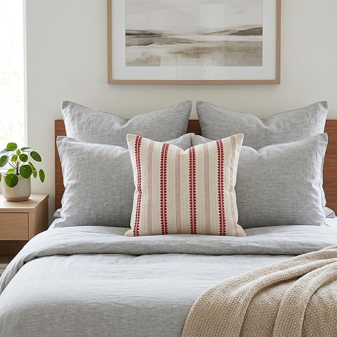 SanVia Cotton Throw Pillow Covers 20x20 – Handwoven Jacquard Texture, Fade-Resistant, No Pilling – Hidden Zipper, Decorative Cushion Cover for Sofa, Couch, Bed – Insert Not Included (Striped, White)