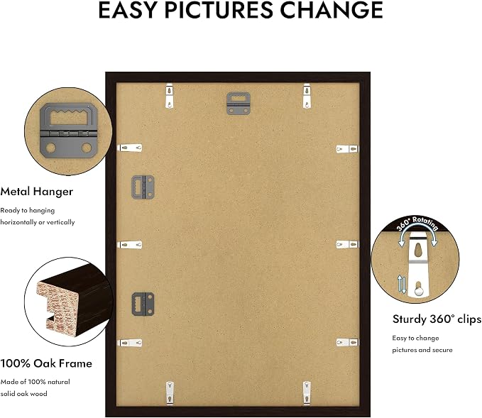 Hongkee 12x16 Oak Wood Picture Frame 1 Pack(Matted 11x14), Real Glass Cover | Black, 12 x 16 Solid Wood Frame for Wall Mounting - Includes Easel Back, Vertical Hang - Ideal for Home, Office