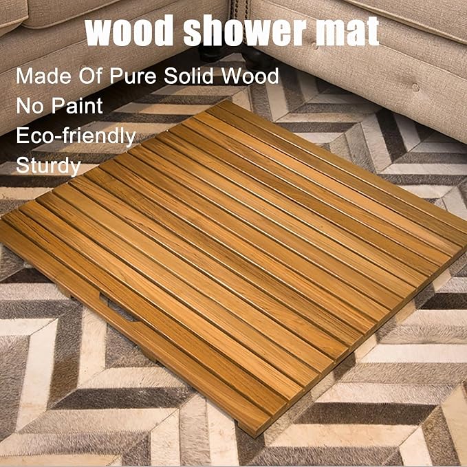 Non Slip Wood Bathroom Mat, Sturdy Teak Shower Mat, Natural Bamboo Floor Mat for Spa Home Outdoor, Waterproof Durable