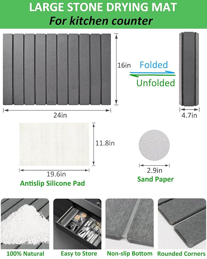 Large Stone Dish Drying Mat for Kitchen Counter, 24x16 Inches Foldable Food-grade Material Super Absorbent Diatomaceous Earth Mats with Self-drying for Dishes Sink Bathtub, Dark Grey