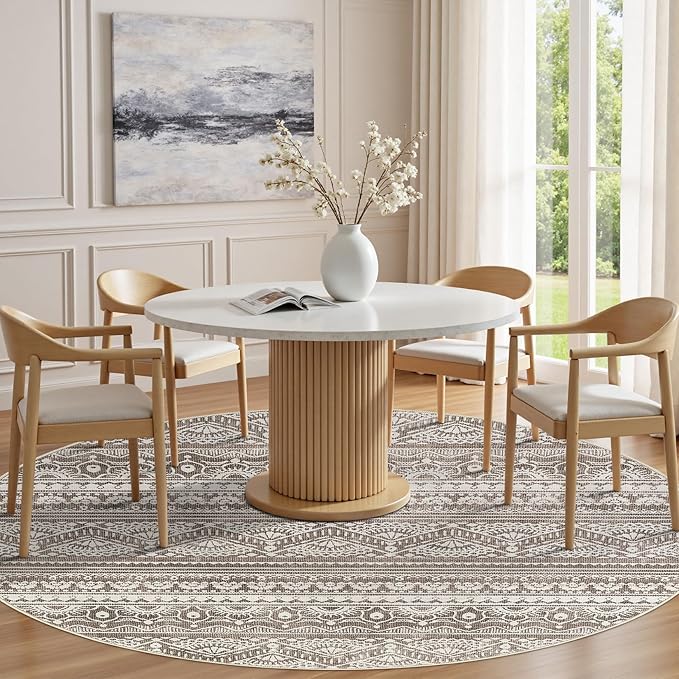 Tortania 10' Round Area Rug Living Room Rugs - Washable Large Soft Neutral Boho Moroccan Bohemian Farmhouse Rug Indoor Floor Carpet for Bedroom Under Dining Table Home Office Decor - Dark Brown
