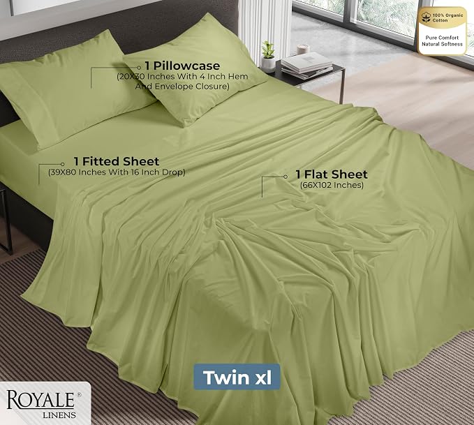 Royale Linens 100% Organic Cotton Twin XL Sheet Set - Percale Weave - 3 Pieces Set - 1 Flat, 1 Deep Pocket Fitted Sheet &1 Pillowcases - Sage Green Bed Sheets -Sábanas Twin XL -Crisp Cool (Sage Green)