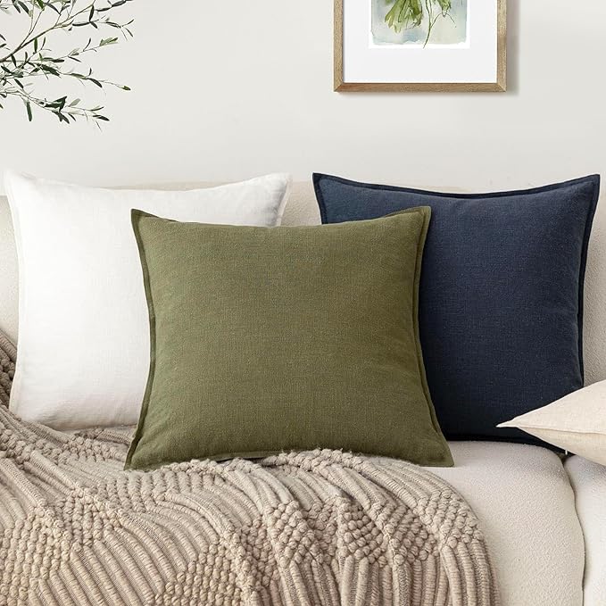 Foindtower Pack of 2, Decorative Linen Soild Throw Pillow Covers Soft Accent Square Cushion Case Boho Farmhouse Pillowcase for Chair Couch Sofa Bedroom Living Room Home Decor 16 x 16 Inch Navy Blue