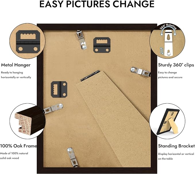 Hongkee 7x9 Oak Wood Picture Frame 1 Pack(Matted 6x8) with Real Glass Cover | Black, 7 x 9 Solid Wood Frame for Wall or Tabletop Display - Includes Easel Back, Vertical Hang - Ideal for Home, Office