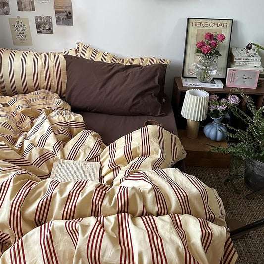 mixinni Retro Striped Duvet Cover Set Full - 100% Natural Cotton 3-Piece Vintage Red Stripes Pattern Printed Bedding Set, Soft Breathable Comforter Cover with Zipper Closure & Corner Ties, Full Size