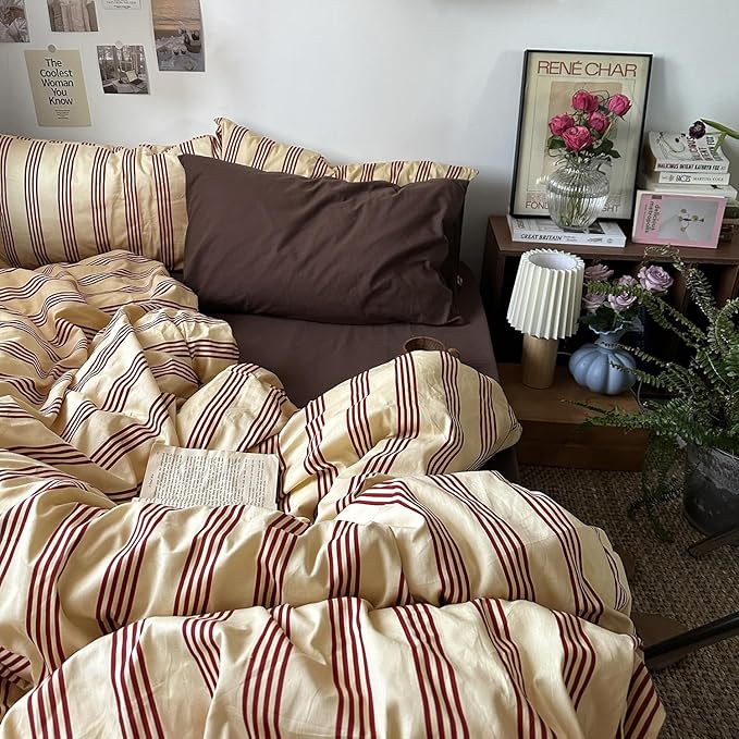 mixinni Retro Striped Duvet Cover Set King - 100% Natural Cotton 3-Piece Vintage Red Stripes Pattern Printed Bedding Set, Soft Breathable Comforter Cover with Zipper Closure & Corner Ties, King Size