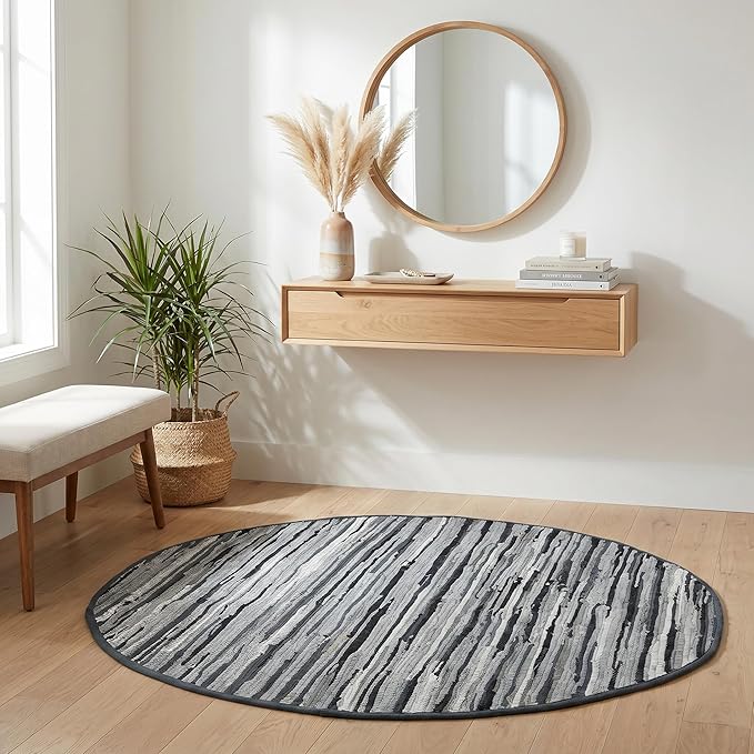 Cotton Hand Woven Chindi Area Rug 4 Feet Round - Charcoal, Reversible Large Durable Indoor Décor Carpet Ideal for Bedroom, Living Room, Nursery | Grey Soft Farmhouse Circle Floor Mat for Home Space