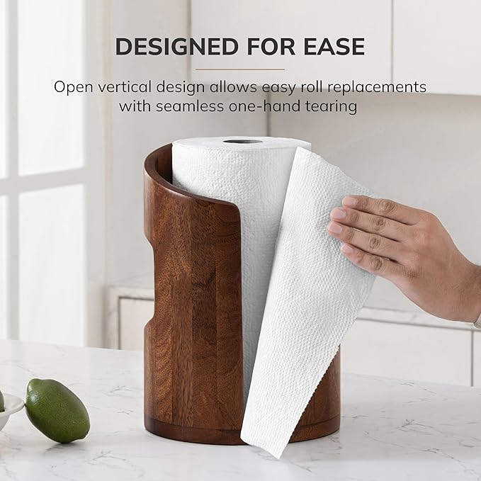 Anji Mountain Wooden Paper Towel Holder Countertop with Mango Wood Round Base and Iron Holder, Holder Stand for Kitchen Roll Organizer & Kitchen Dining Table Home Decor - Walnut/Black, Arc Hold
