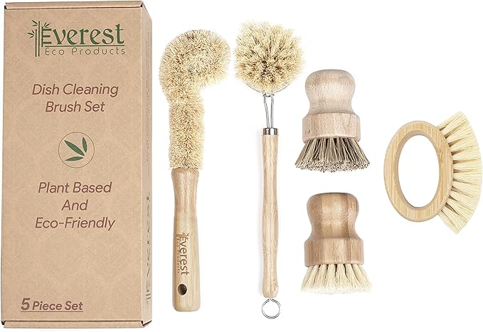 Eco Friendly Kitchen Dish Cleaning Set - Biodegradable & Highly Durable - 5 Piece Set - Coconut, Sisal, Palm Fibers - Brown Wooden Handle