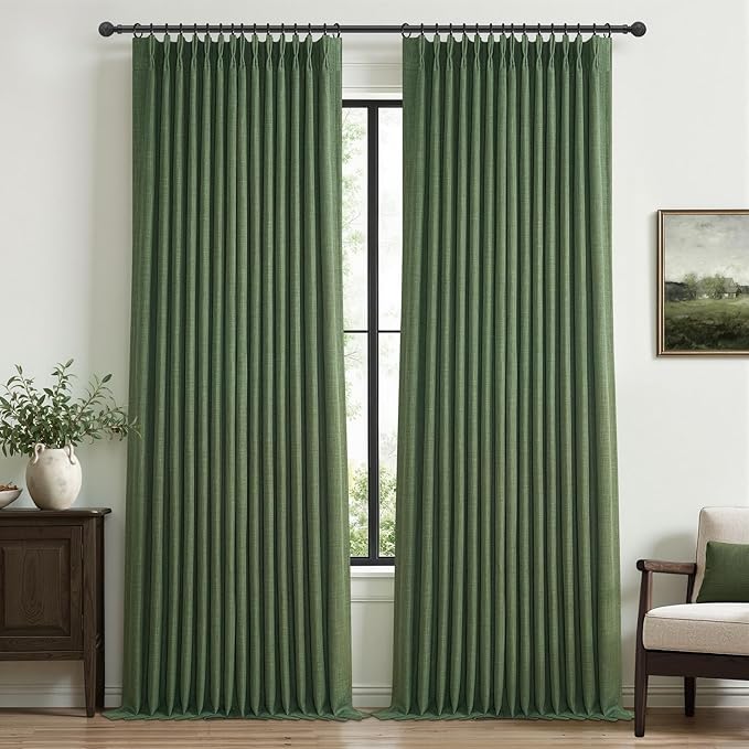 Loden Dual Layer Heavy Linen Blackout Curtains 96 Inches Long 2 Panels for Living Room, Memory Trained Pinch Pleated Olive Green Insulated Farmhouse Windows Drapes 96 Inch Length with Track System