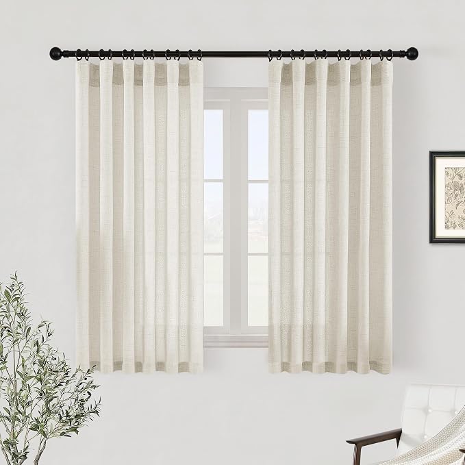 Natural Linen Curtains 45 Inch Length for Kitchen Bathroom Short Small Curtains 45 Inches Long Privacy Added Light Filtering Rod Pocket Hook Belt Semi Sheer Cafe Cream Window Drapes for RV