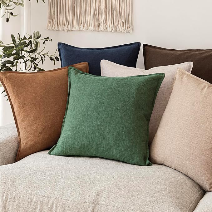 Foindtower Set of 2, Decorative Linen Soild Throw Pillow Covers Soft Accent Euro Cushion Case Farmhouse Neutral Pillowcase for Chair Couch Sofa Bedroom Living Room Home Decor 20 x 20 Inch Pine Green