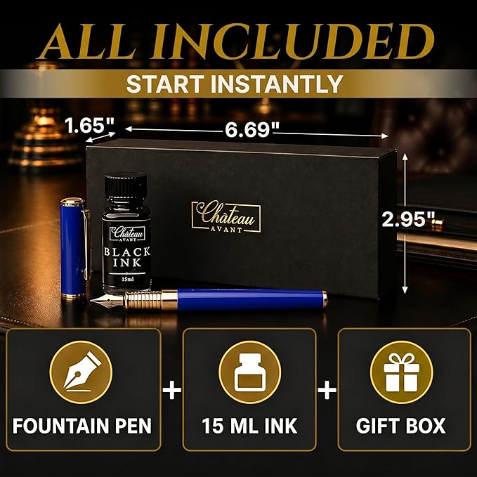 Château Avant Fountain Pen Set | Refillable Blue Fountain Pen with Black Ink Bottle, Fine Nib, and Converter | Smooth Writing Gift Set for Beginners, Men, and Women