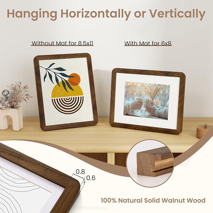 Fun Memories 8.5x11 Picture Frame - Solid Walnut Wood Diploma & Certificate Frame, 8.5x11 Frame with Mat for 6x8 Photos, Tabletop and Wall Display with Real Glass, Natural Walnut
