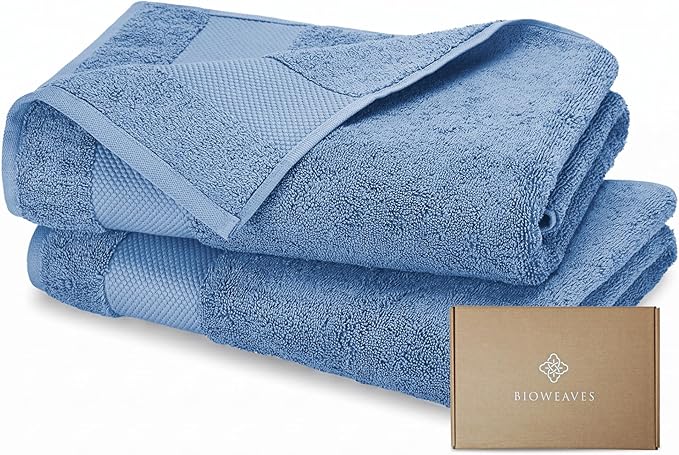 BIOWEAVES 100% Organic Cotton 700 GSM Plush Bath Towels 30" x 58" GOTS Certified - Cerulean Blue, Pack of 2