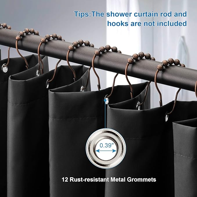 Amazer Black Shower Curtain Liner, Black Fabric Shower Liner, 2-in-1 Bathroom Shower Curtain and Liner, 12 Grommet Holes, Water Proof, Machine Washable, Hotel Quality, 72 x 72 Inches