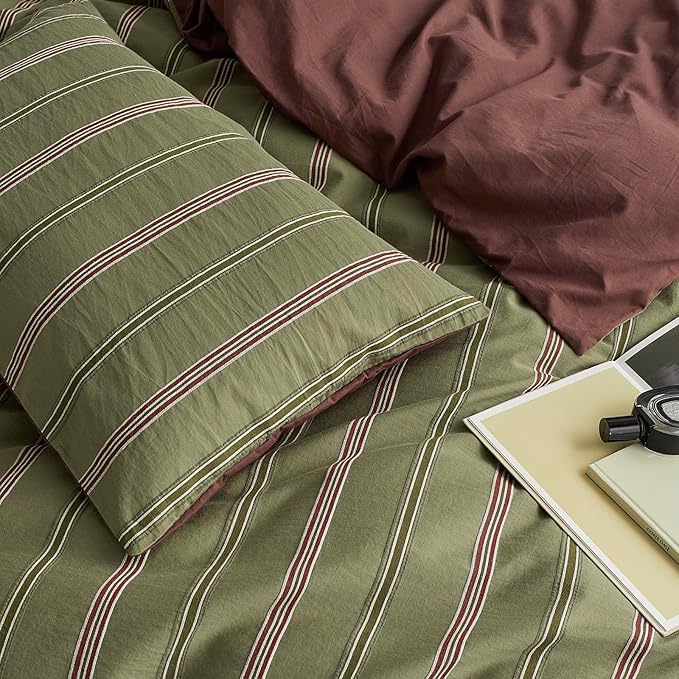 mixinni Vintage Olive Green Striped Duvet Cover Set King, 100% Cotton Yarn-Dyed Jacquard Bedding 3 Pieces, Reversible Design Retro Terracotta Comforter Cover with Zipper & Corner Ties