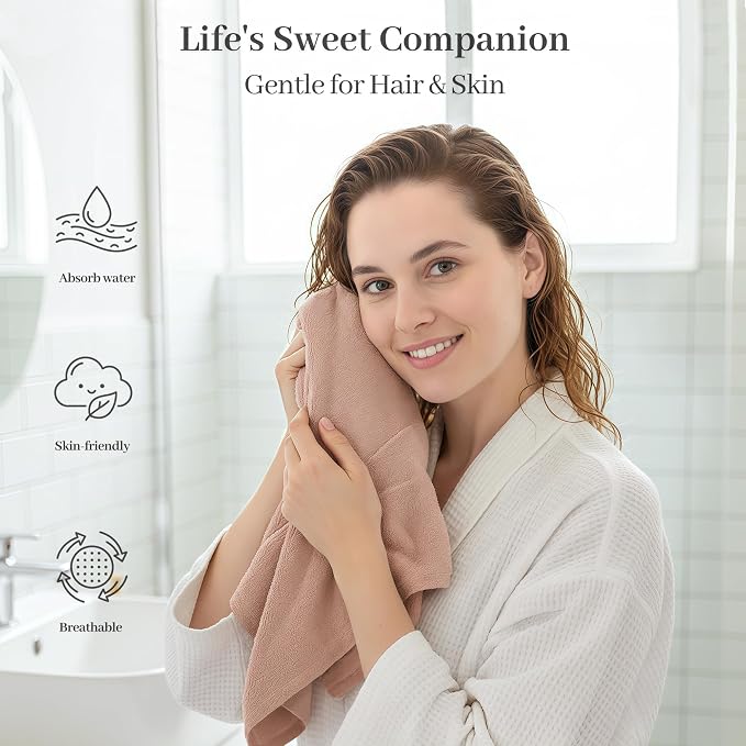 ROLSHOL Cotton Hair Towel Wrap for Women, 2 Pack 100% Cotton Hair Drying Towels for Long, Thick & Curly Hair, 32" x 11" Large Hair Turban for Wet Hair with Elastic Band (Checkered Pattern)