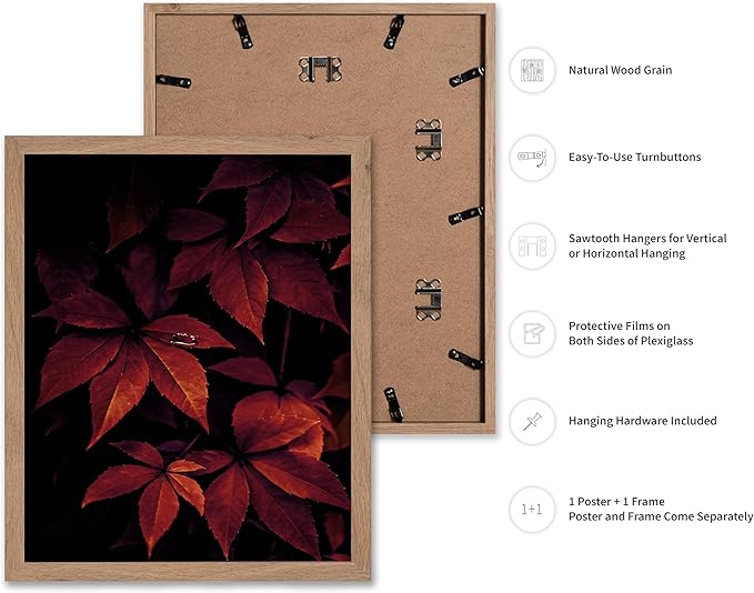 Monem Art Red Autumn Leaves Macro Photography Print - Moody Botanical Nature Poster - Wall Decor for Living Room, Bedroom or Office - 16x20 Beige Framed Wall Art by Mareike Bohmer