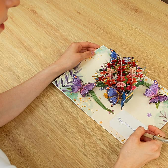 Frndly by Paper Love 3D Flower and Butterflies Pop Up Card, Gift for Birthday, Wedding, Anniversary, Thank You, Get Well, Valentine’s Day, Mother’s Day & All Occasions, 100% Recycled & Eco-Friendly, 8" x 6" Cover, Includes Envelope and Note Tag