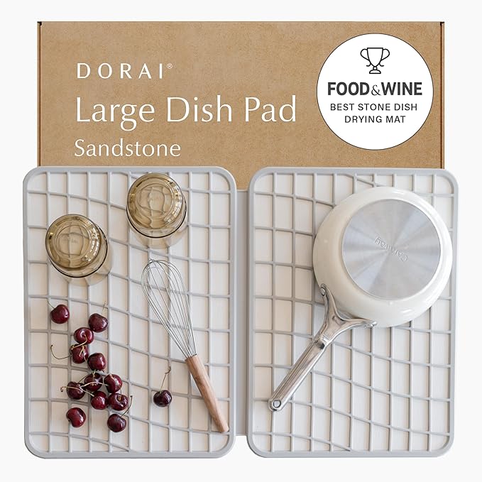 Dorai Home Dish Pad - Collapsable Stone Dish Drying Mat with Diatomaceous Earth for Quick Drying - Ultra Absorbent - Encased in Silicone - Eco-Friendly, Foldable - Large 24.6" x 16.5", Sandstone
