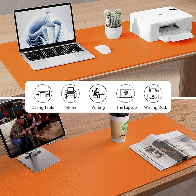 Aothia Faux Leather Desk Mat - Large Mouse Pad, Non-Slip PU Leather Blotter, Waterproof Writing Surface for Office and Home (Hermes Orange, 55" x 17")