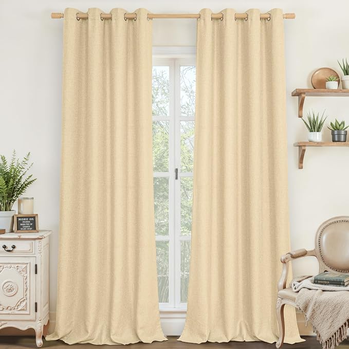 LAMIT 95 Inch Sand Linen Curtains for Living Room 2 Panels Set, Privacy Linen Textured Drapes Grommet Light Filtering Thick Curtains for Bedroom/Farmhouse/Sliding Glass Door, 52 x 95 Inch