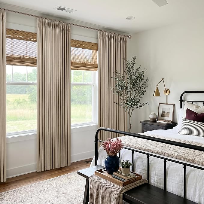 High Ceiling Pleated Curtains 120 Inch Length Camel Tan Linen Textured Memory Trained Shaped Light Filtering Privacy Curtains for Living Room Bedroom Extra Long Semi Sheer Drapes 2 Panels 10 ft