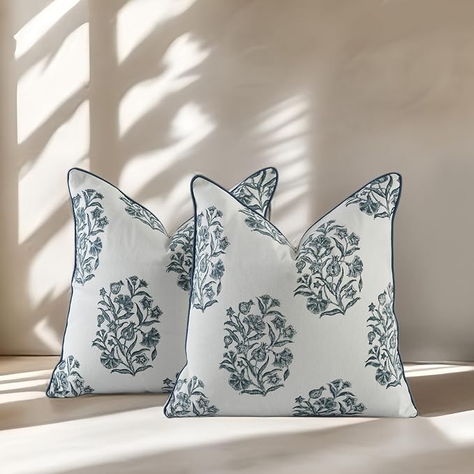 CPC Indigo Blue Block Print Throw Cushion Cover 18 x 18 Inch Set 2 - Decorative Boho Floral Pillow Case for Living Room, Bed, Sofa, Couch, Home Decor Cushion Cover Gift for Spring, Mother's Day